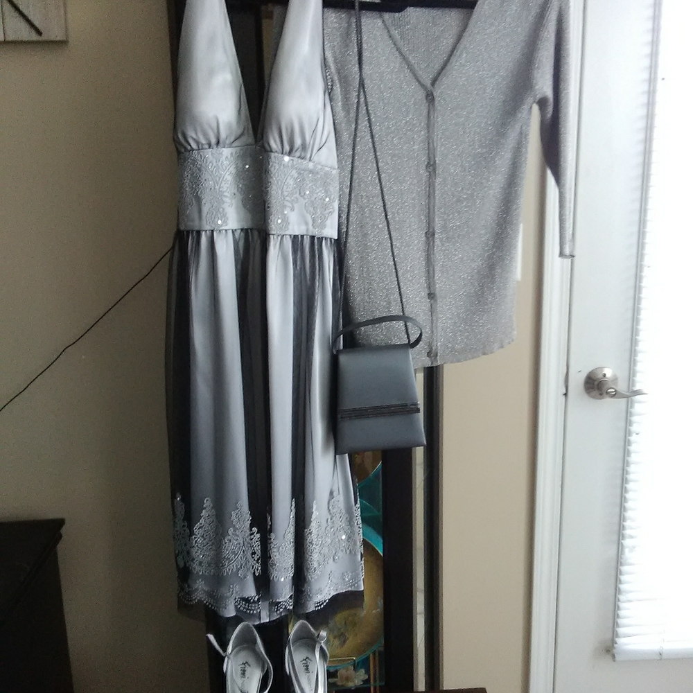 After 5 Silver Dress, sweater, shoes & clutch